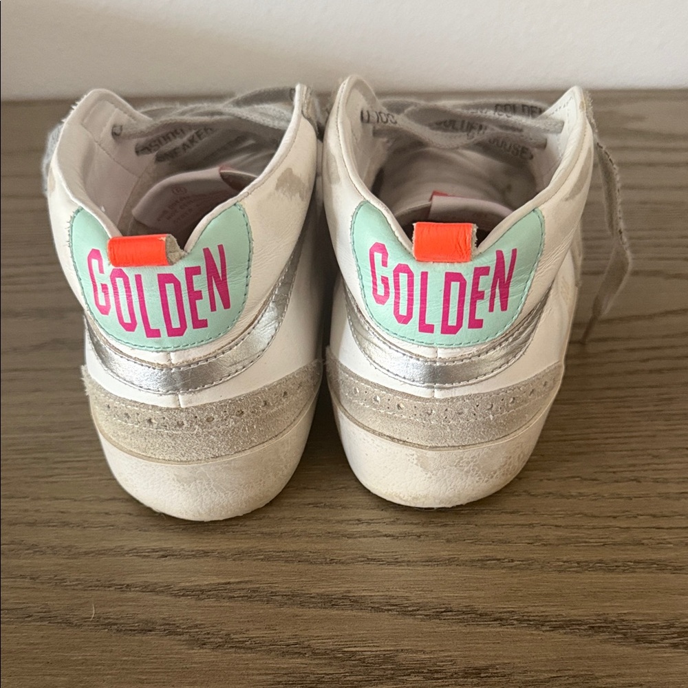 Golden Goose Midstar White and Gray Athletic Shoes with Orange Detail